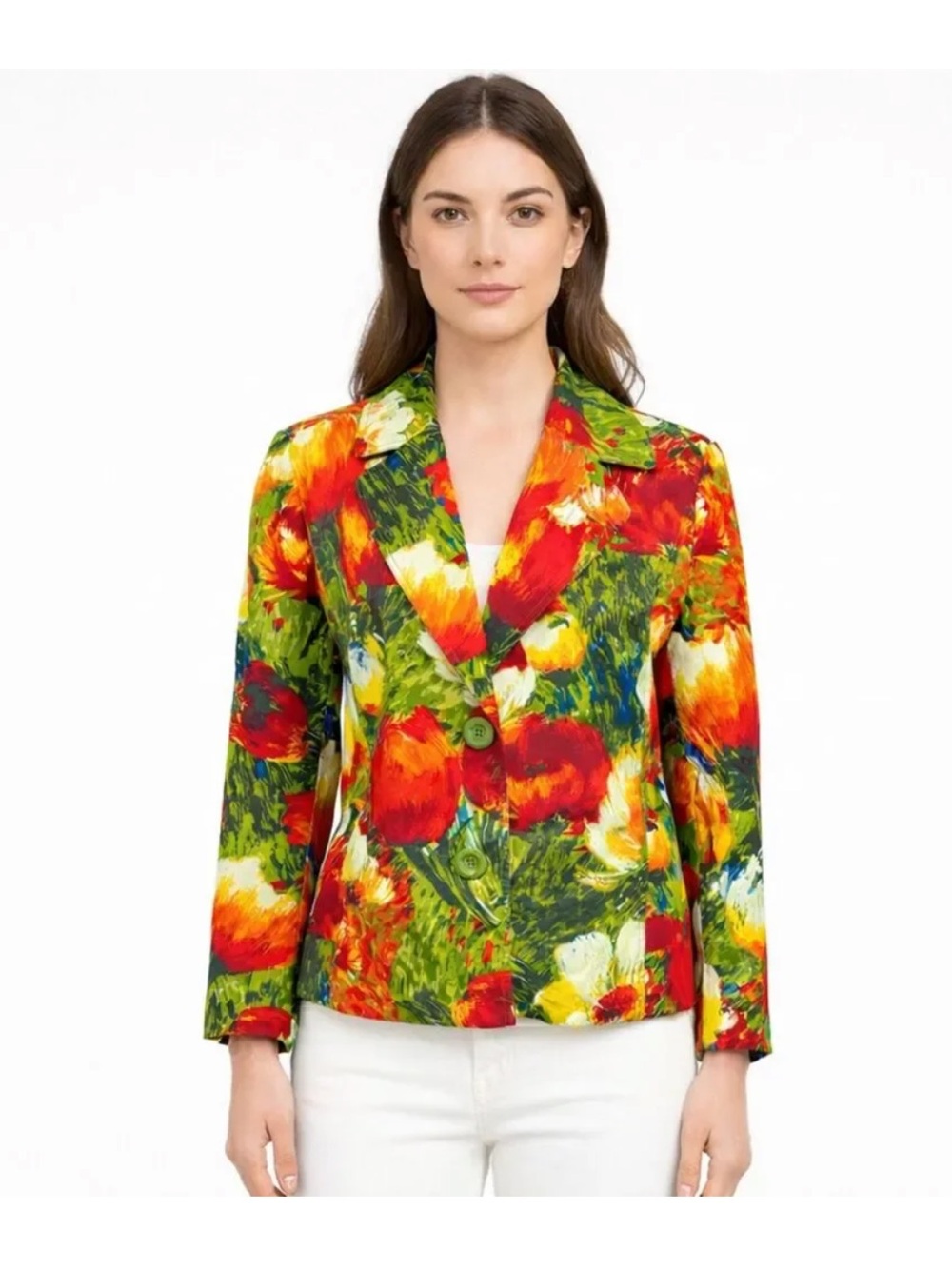 Chico's Floral Print Blazer Jacket in Red & Green size L